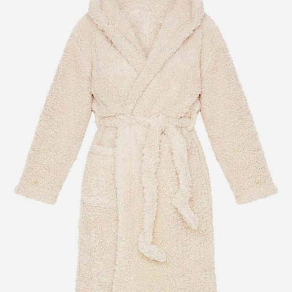 Cream/Off white plush hooded spa bathrobe - Picture 3 of 8